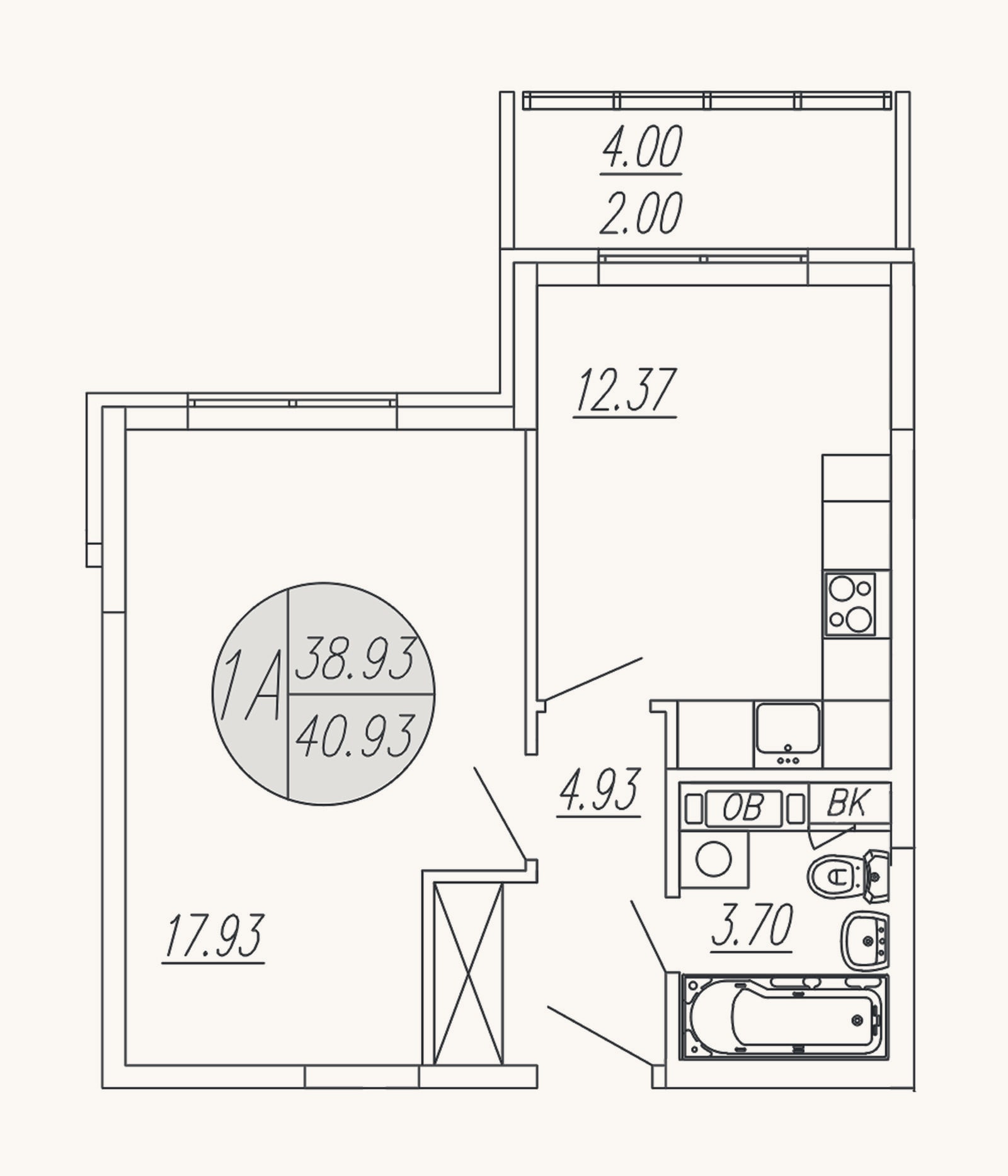 Планировка: 1-к, 38,9 м²