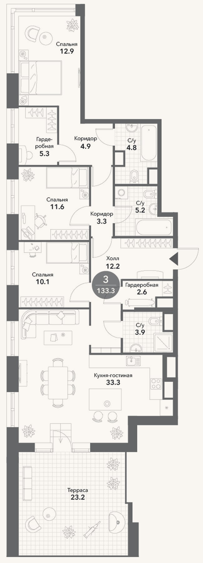Планировка: 3-к, 110,1 м²