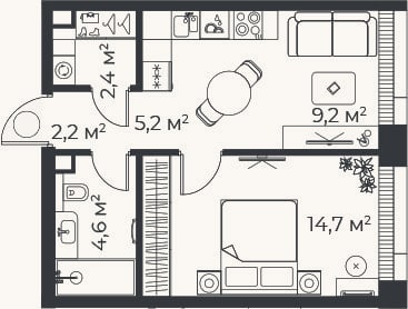 Планировка: 2-к, 38,4 м²