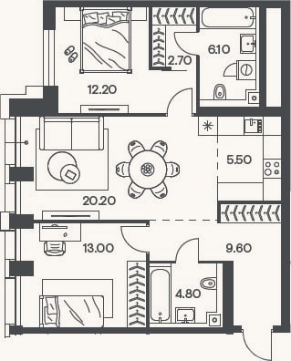 Планировка: 3-к, 74,1 м²