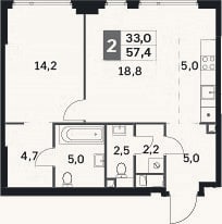 Планировка: 2-к, 57,4 м²