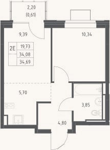 Планировка: 2-к, 34,1 м²