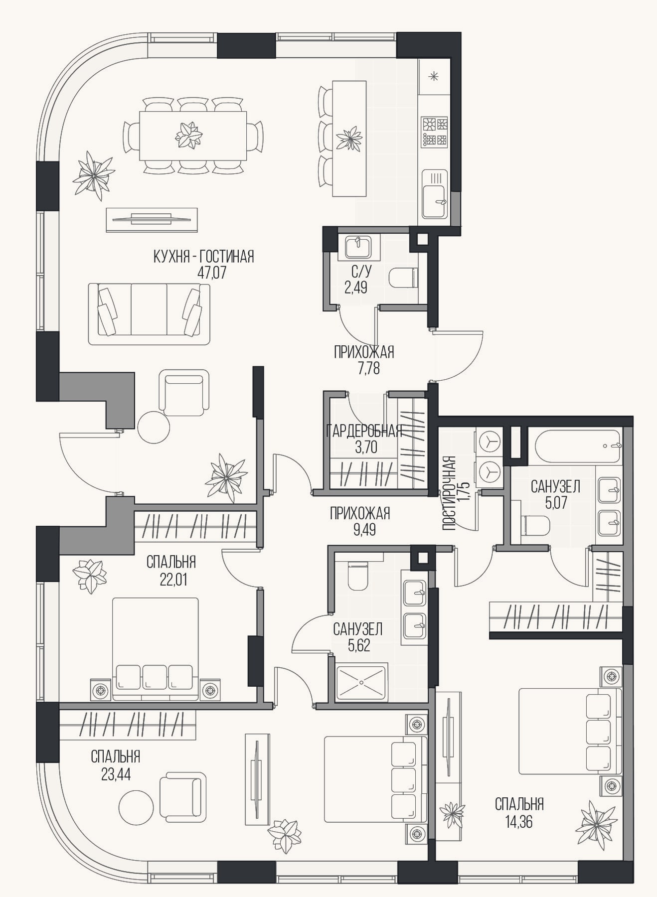 Планировка: 4+ к, 142,8 м²