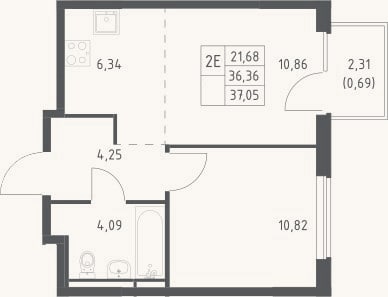 Планировка: 2-к, 36,4 м²