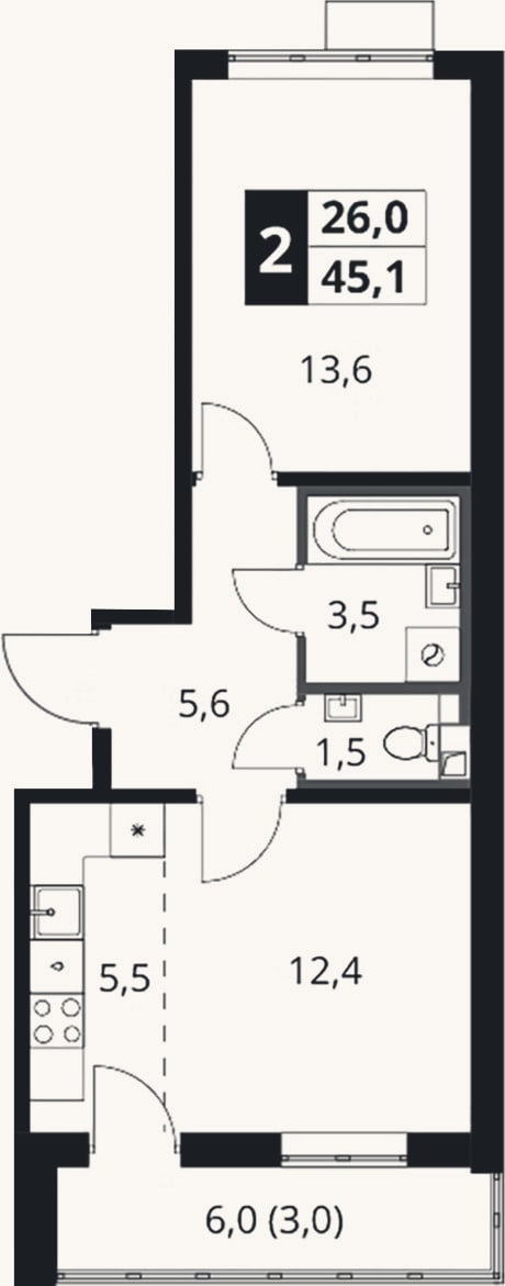 Планировка: 2-к, 42,1 м²