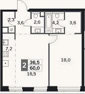 Планировка: 2-к, 60 м²