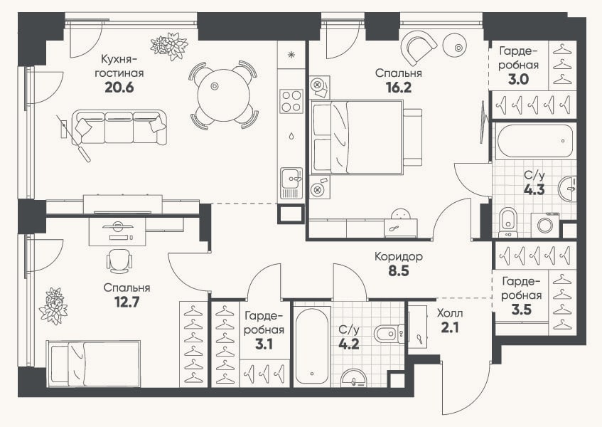 Планировка: 3-к, 78,2 м²