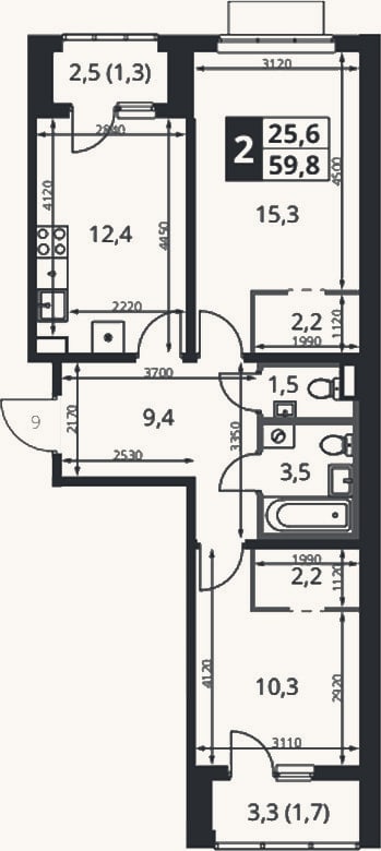 Планировка: 2-к, 56,8 м²
