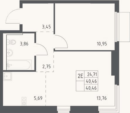 Планировка: 2-к, 40,5 м²