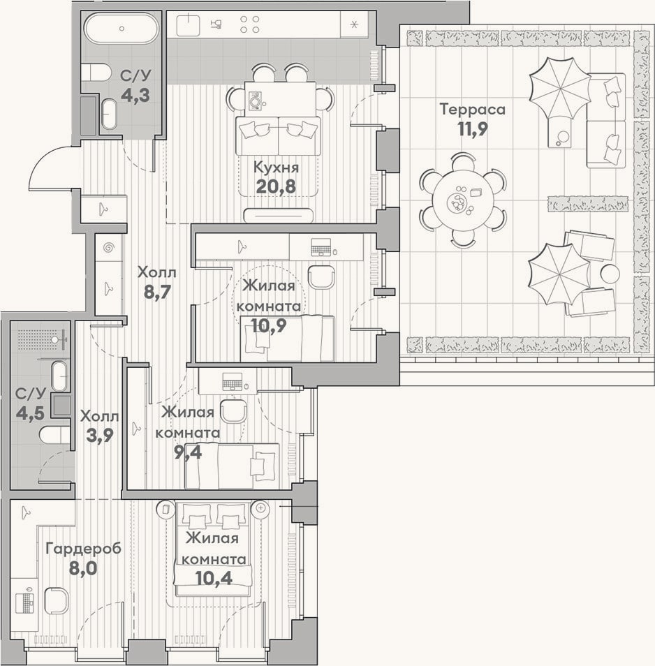 Планировка: 3-к, 80,9 м²