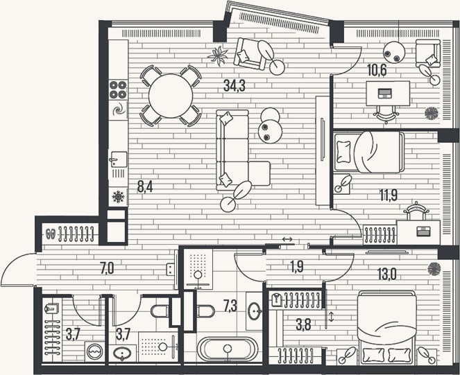 Планировка: 4+ к, 105,6 м²