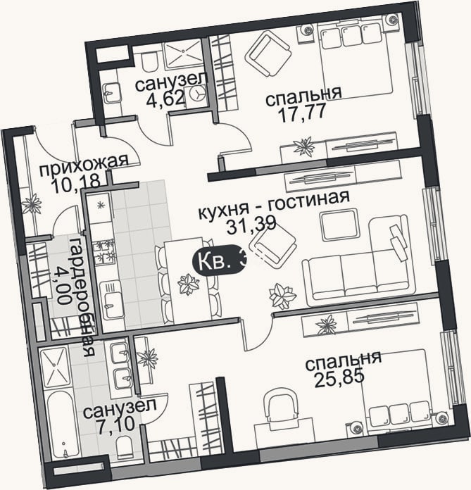 Планировка: 3-к, 100,9 м²