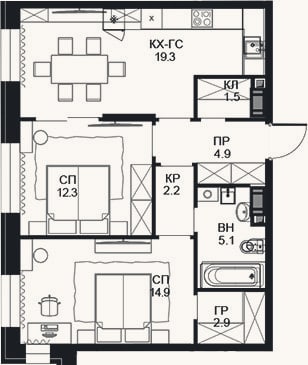 Планировка: 2-к, 63,1 м²