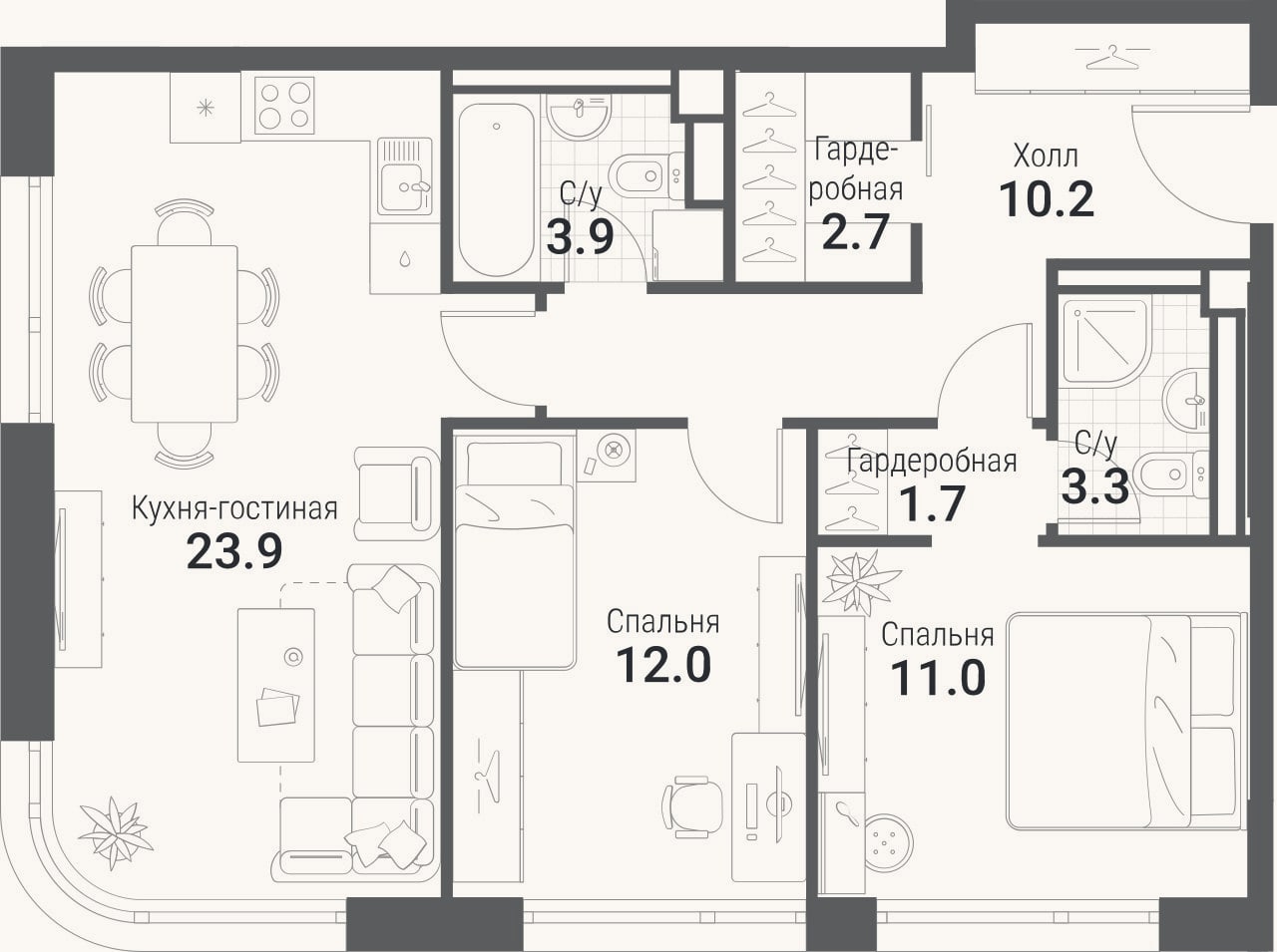 Планировка: 3-к, 68,4 м²