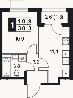 Планировка: 1-к, 29 м²