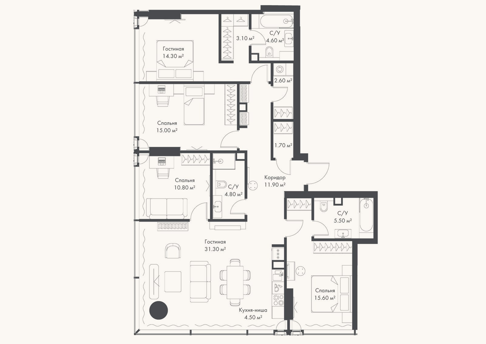 Планировка: 4+ к, 125,7 м²