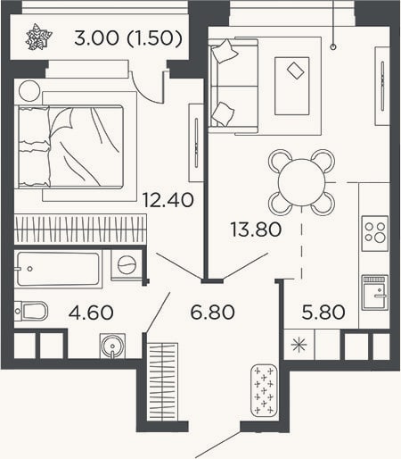 Планировка: 2-к, 43,4 м²