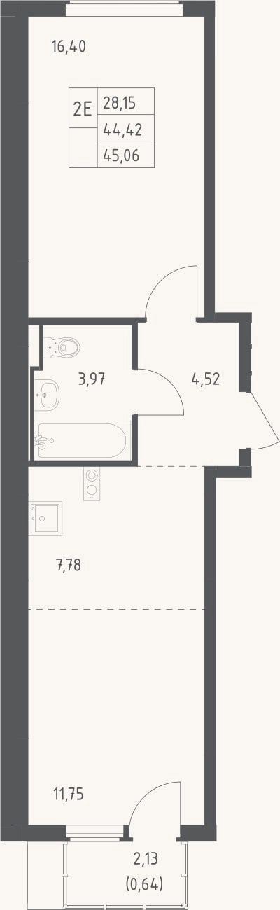 Планировка: 2-к, 44,4 м²