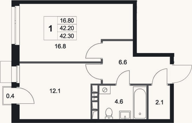 Планировка: 1-к, 42,2 м²
