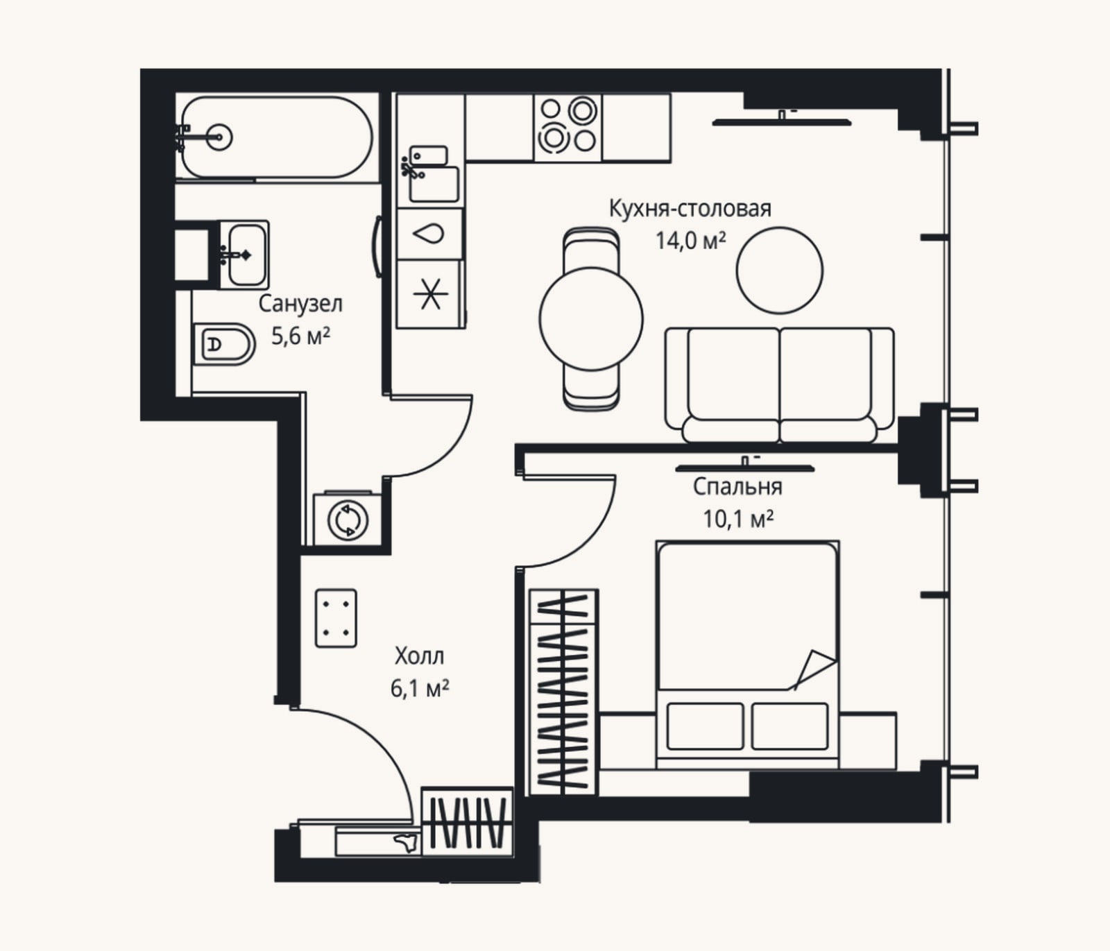 Планировка: 2-к, 35,8 м²