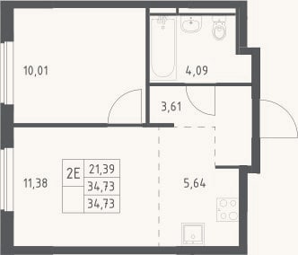 Планировка: 2-к, 34,7 м²