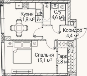 Планировка: 1-к, 38,7 м²