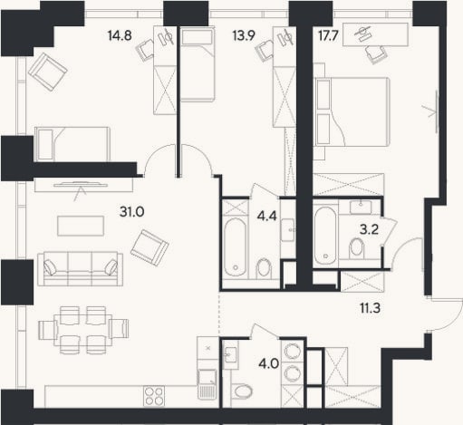 Планировка: 4+ к, 100,3 м²