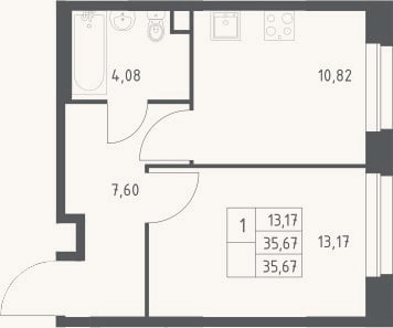 Планировка: 1-к, 35,7 м²