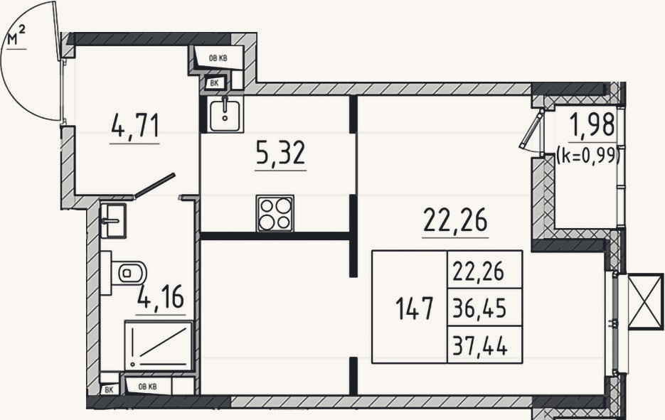 Планировка: Студия, 36,5 м²