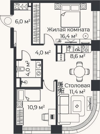 Планировка: 3-к, 61,2 м²