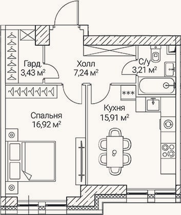 Планировка: 1-к, 46,7 м²