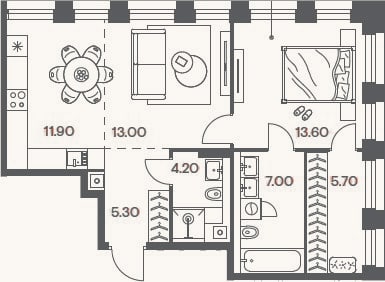 Планировка: 2-к, 60,7 м²