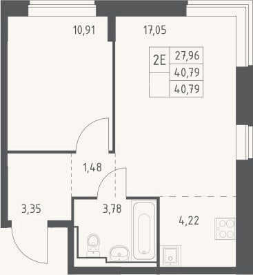 Планировка: 2-к, 40,8 м²