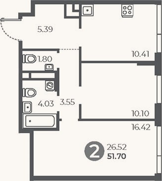 Планировка: 2-к, 51,7 м²