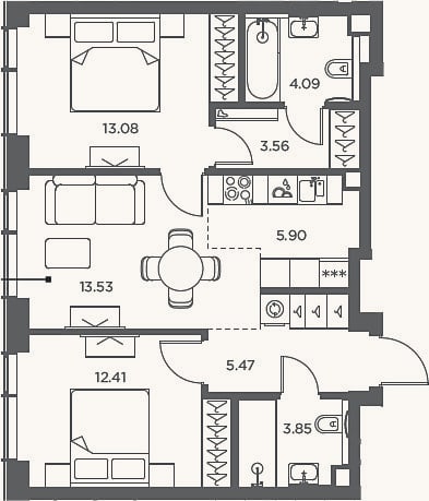Планировка: 3-к, 61,9 м²
