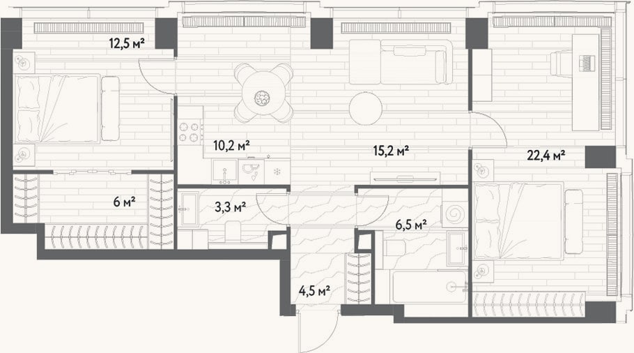 Планировка: 3-к, 80,6 м²