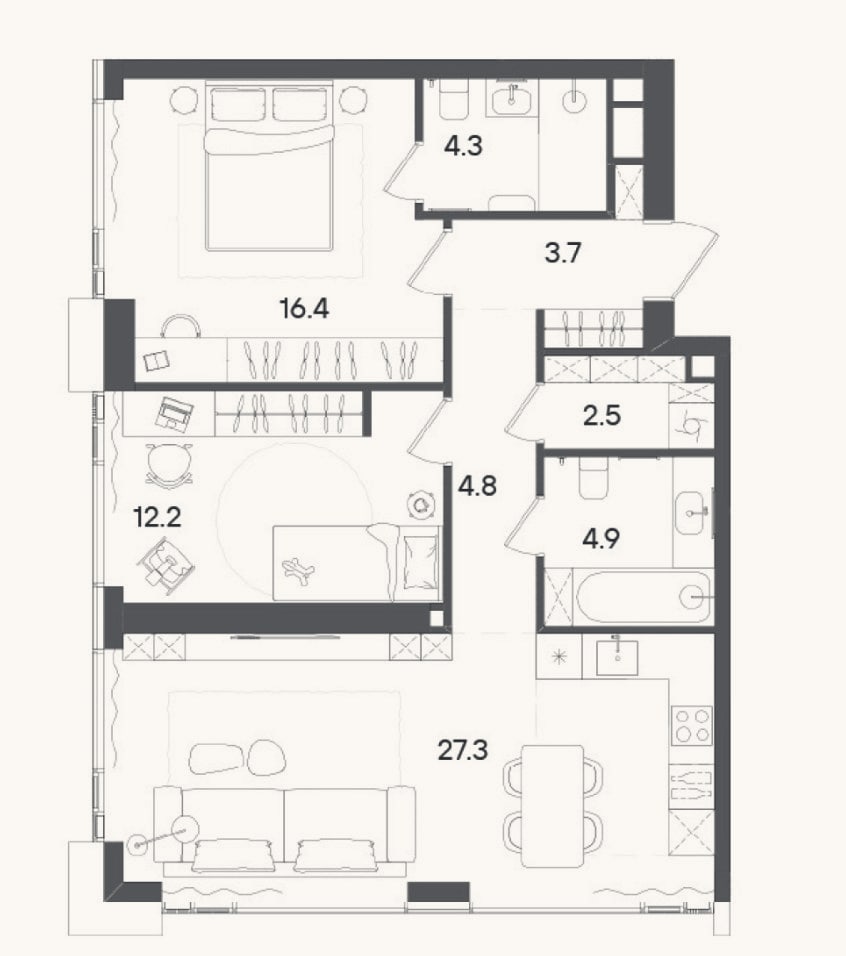 Планировка: 3-к, 76,6 м²