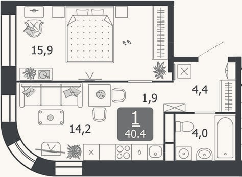 Планировка: 1-к, 40,4 м²