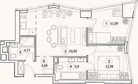 Планировка: 3-к, 61 м²