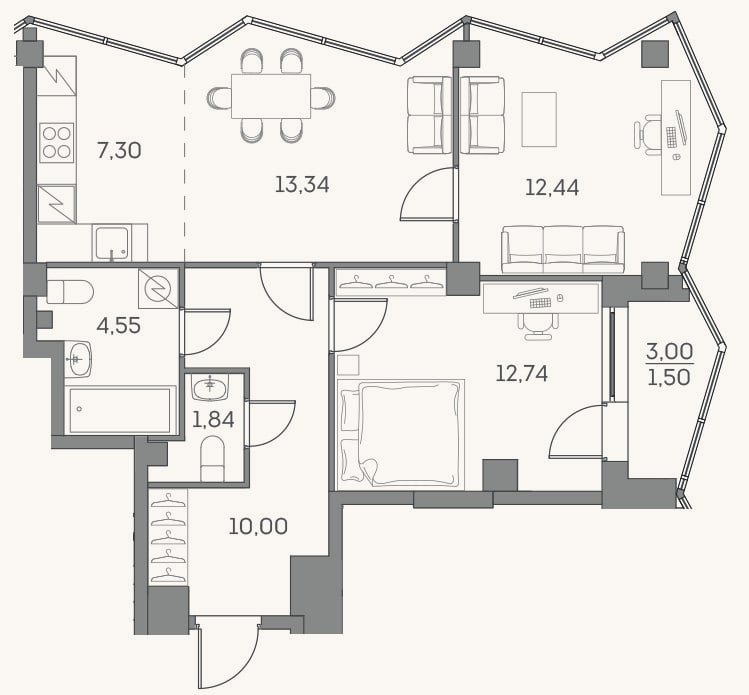Планировка: 3-к, 62,2 м²