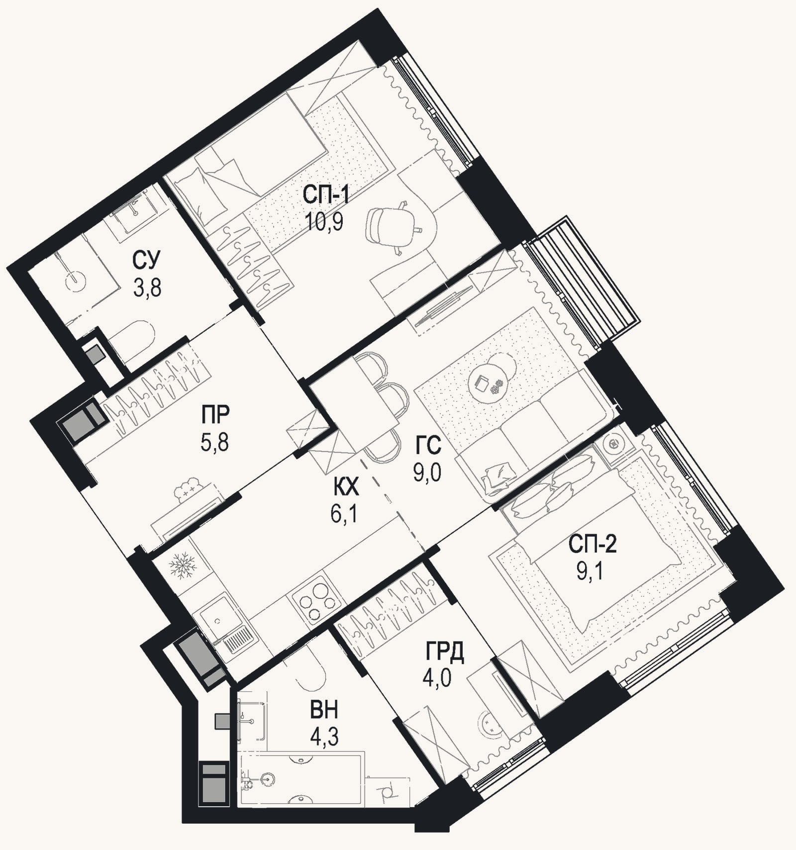 Планировка: 3-к, 53,1 м²