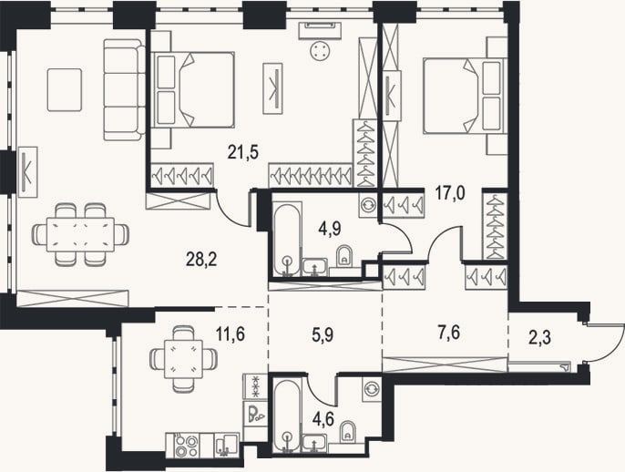 Планировка: 3-к, 103,6 м²