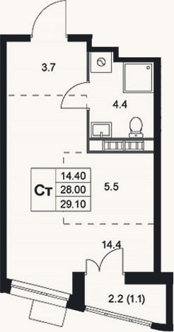 Планировка: Студия, 28 м²