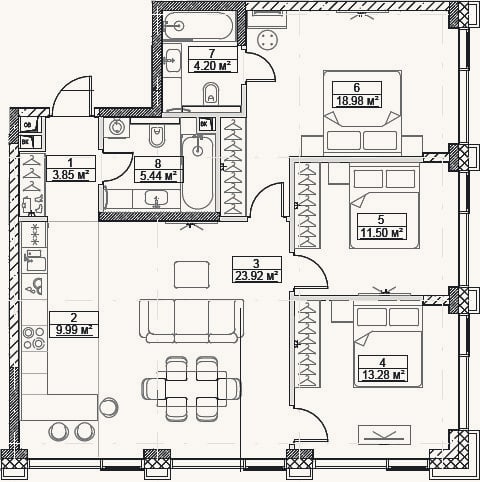 Планировка: 4+ к, 91,2 м²