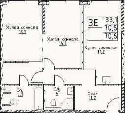 Планировка: 3-к, 70,6 м²