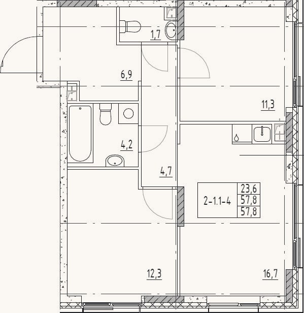 Планировка: 3-к, 57,8 м²
