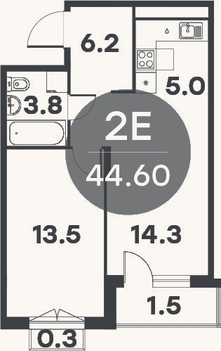 Планировка: 2-к, 42,8 м²