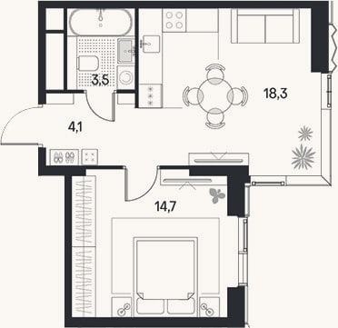 Планировка: 2-к, 40,6 м²