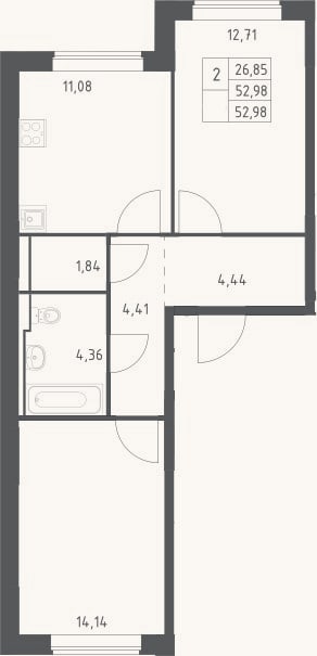 Планировка: 2-к, 53 м²