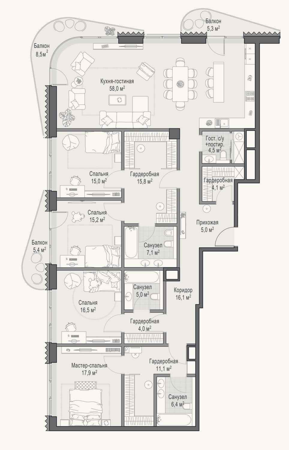 Планировка: 4+ к, 202,2 м²